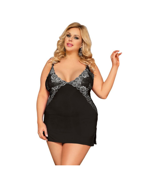 QUEEN LINGERIE CHEMISE BORDADOS FLORALES NEGRO PLUS SIZE