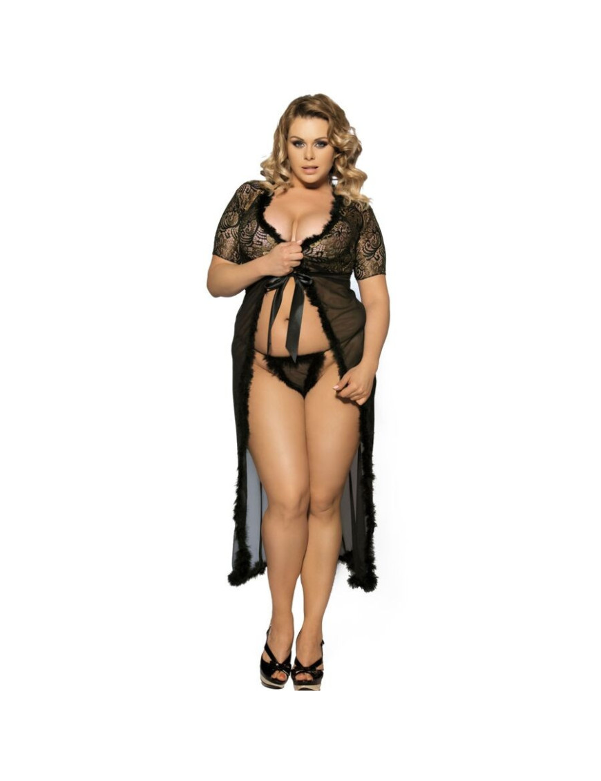 QUEEN LINGERIE PEIGNOIR CON PELITOS NEGRO TALLA PLUS