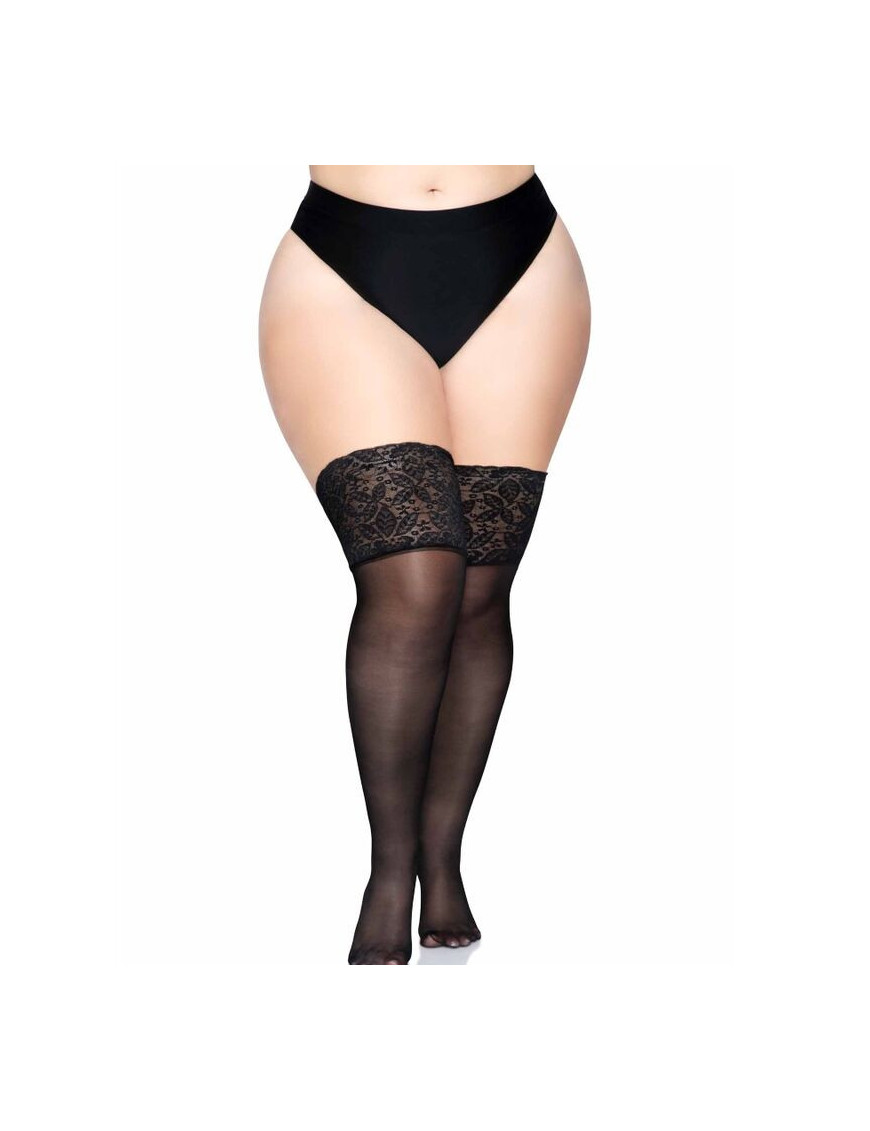 LEG AVENUE MEDIAS NEGRAS AUTOADHESIVAS CON ENCAJE ANCHO PLUS SIZE