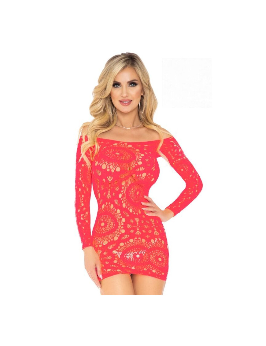 LEG AVENUE MINI VESTIDO DE ENCAJES MANGA LARGA CORAL TALLA UNICA