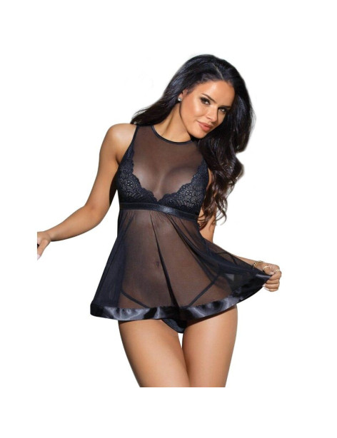 QUEEN LINGERIE BABYDOLL Y TANGA NEGRO S/M