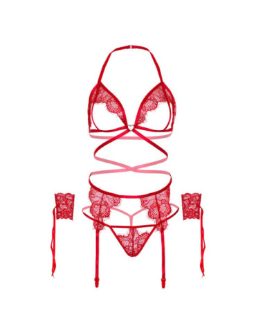 LEG AVENUE SET CUATRO PIEZAS SUJETADOR, LIGUERO, TANGA Y PUÑOS TALLA UNICA - ROJO