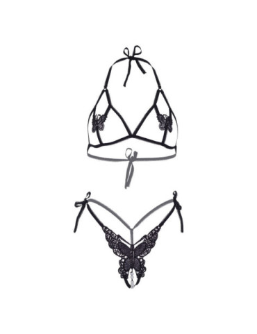 LEG AVENUE SET DOS PIEZAS SUJETADOR Y TANGA DE MARIPOSAS Y PERLAS TALLA UNICA - NEGRO