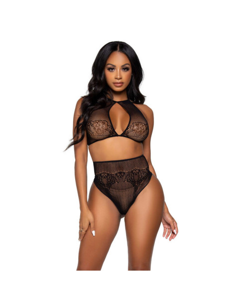 LEG AVENUE SET DOS PIEZAS TOP CORTO CUELLO HALTER Y TANGA TALLA UNICA